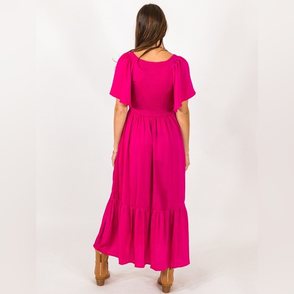 PinkBlush satin Barbie hot pink smocked flutter sleeve midi dress nwot - Picture 2 of 5